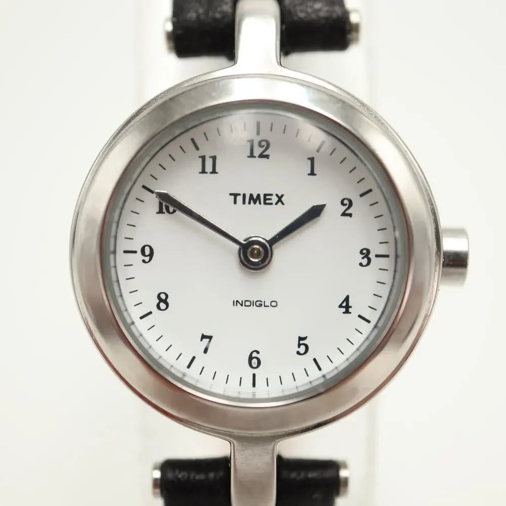 Timex Indiglo Petite 21mm Silver Tone Womens Watch Black Leather w New Battery